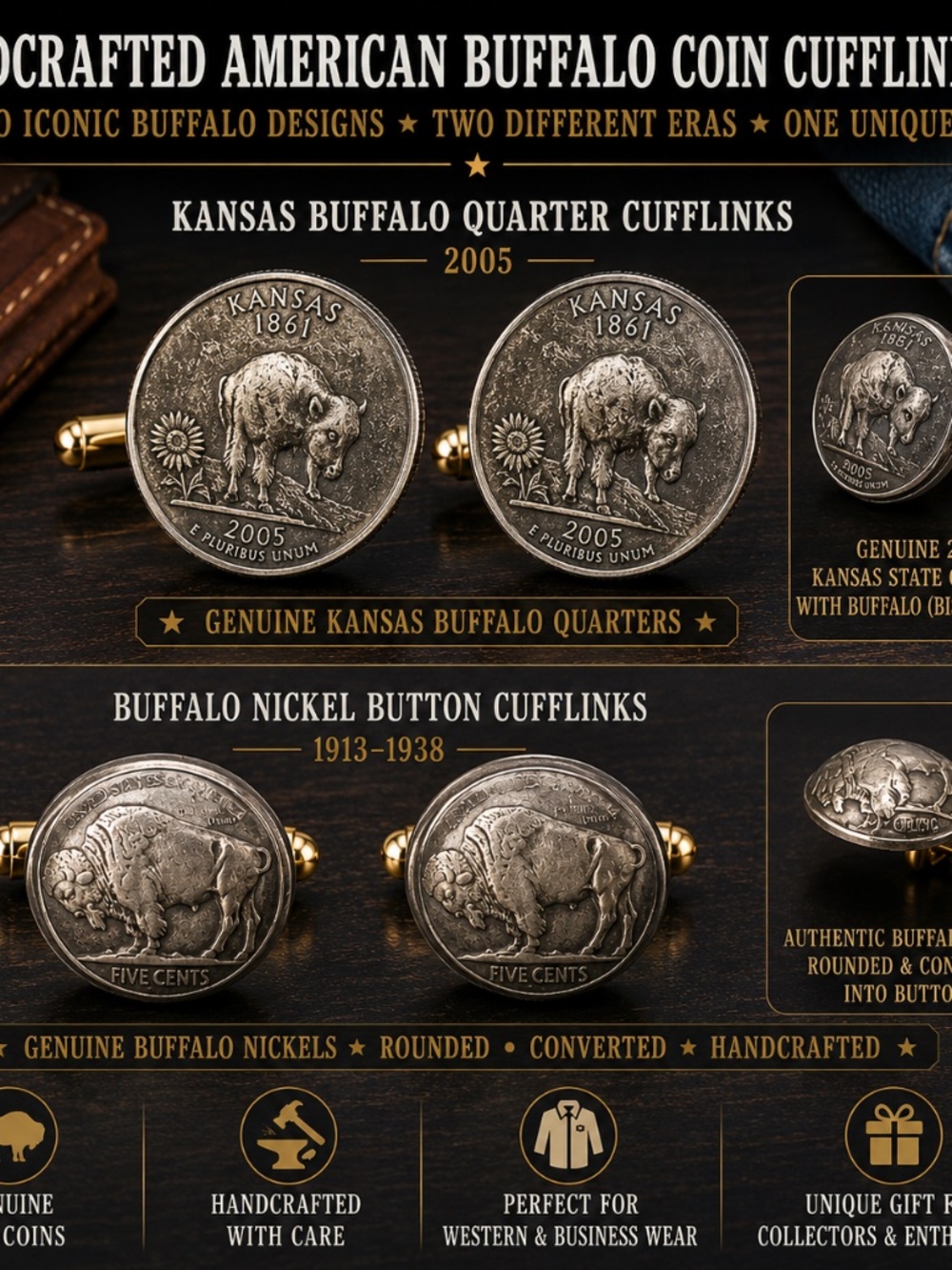 American Buffalo Coin Cufflinks Set Buffalo Nickel & 2005 Kansas Quarter Pairs